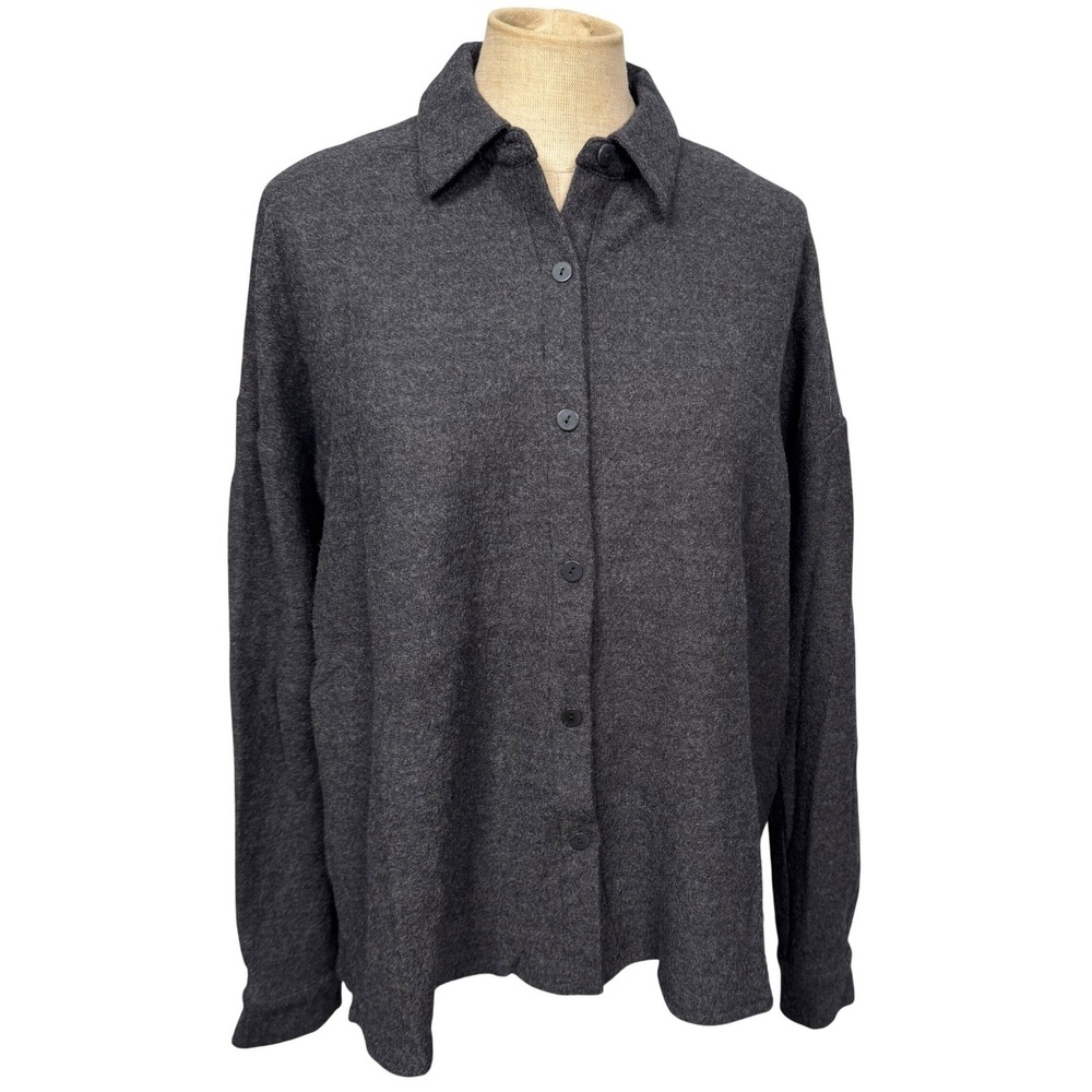 Flaw VTG‎ EILEEN FISHER Petite S Wool Charcoal Gray Button Shirt Blouse Minimal